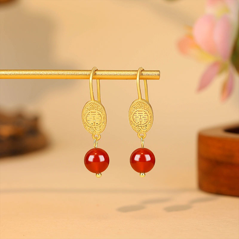 Gold Plated Jewelry - Натуральные серьги-талисманы из красного нефрита, настоящие