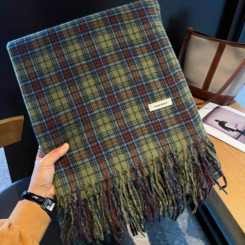 Cashmere Scarf - Винтажный зеленый клетчатый шарф с кисточками,